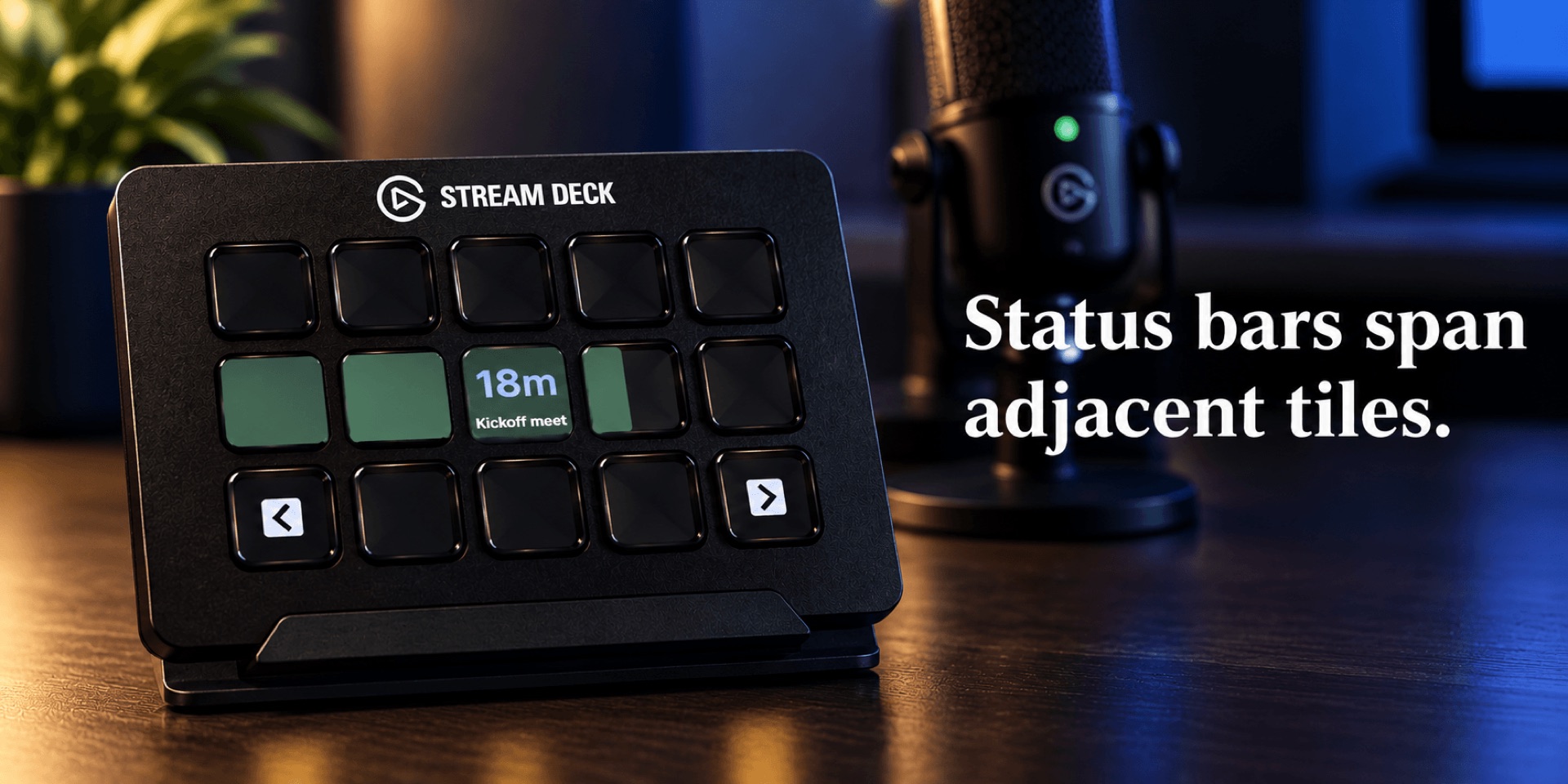 A green in-meeting bar spanning four Stream Deck keys, the middle one reading 18m until the end of a meeting