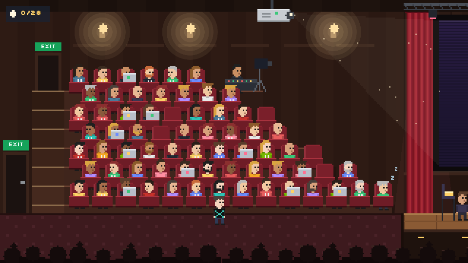 The lecture theatre scene from the game
